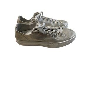 Paul Green Soft Metallic Silver Leather Sneakers Side Zip Womens UK 5.5 US 8